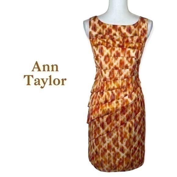 Ann Taylor Orange Silk Watercolor Print Fitted Party Event Dress NWOT Size 4 - Picture 2 of 13